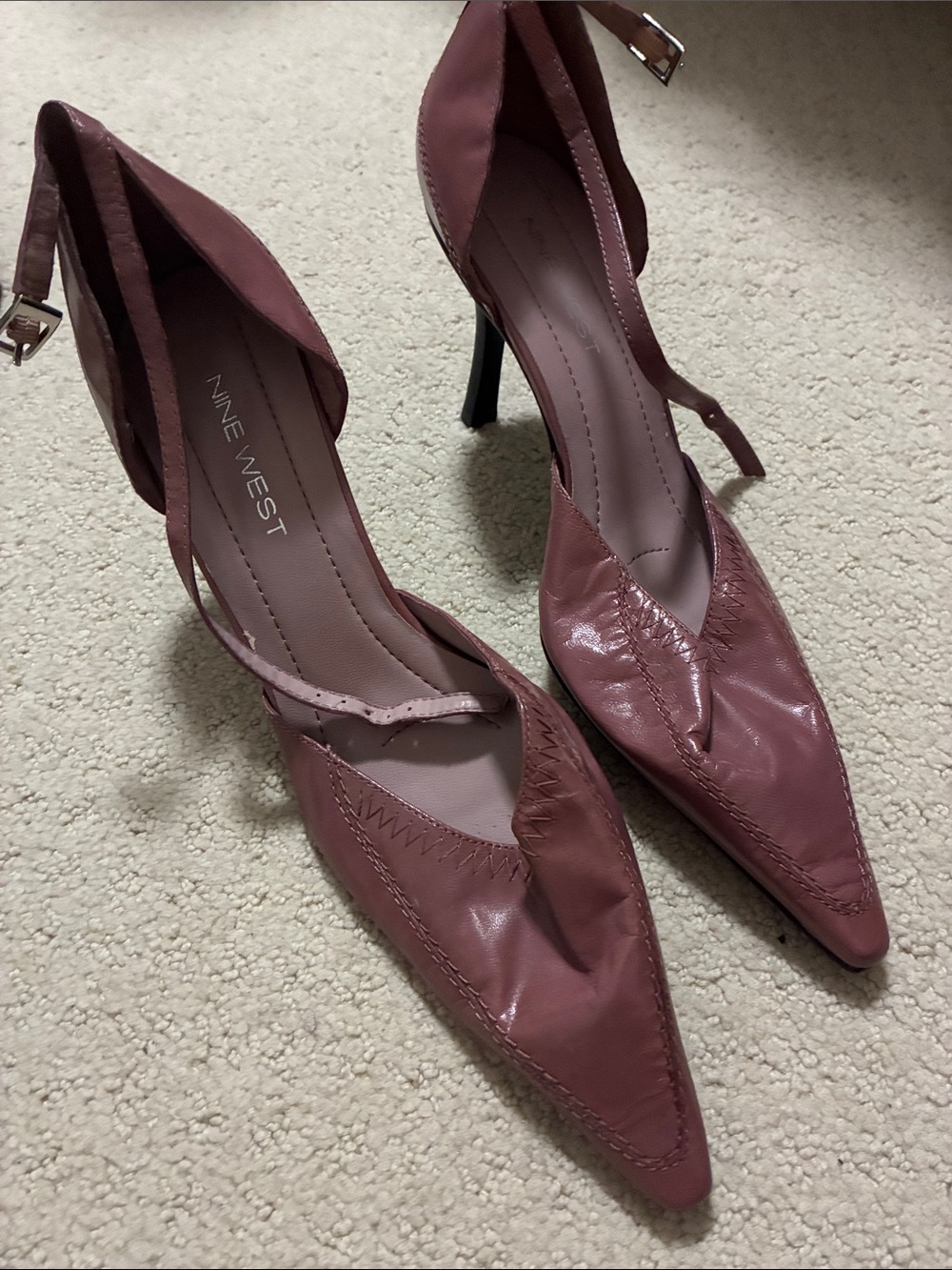 Nine West Ptzalis Dusty Rose Leather Ankle Strap Pointed Toe Heels Size 10M 👵MT